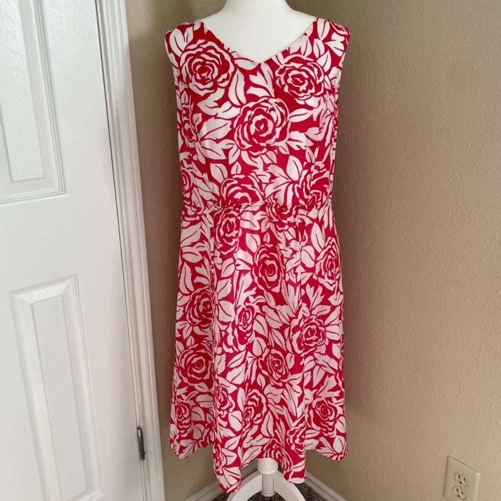 Talbots Shift Dress Red Floral Cotton Silk Gauze Sleeveless V-Neck Midi Size 14